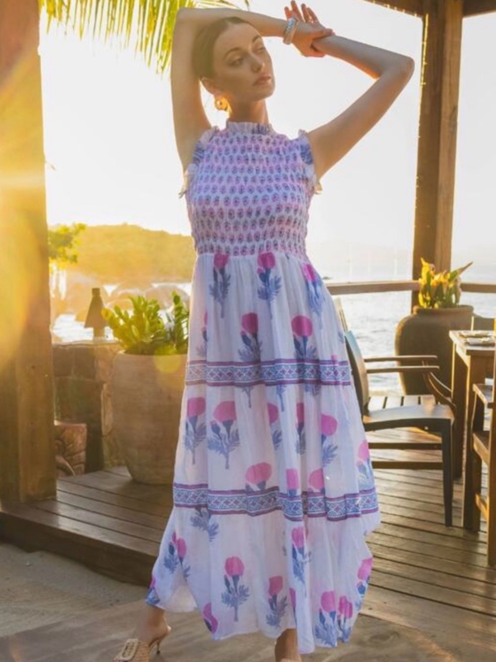 OLIPHANT sleeveless smocked maxi dress in pink bloom medium